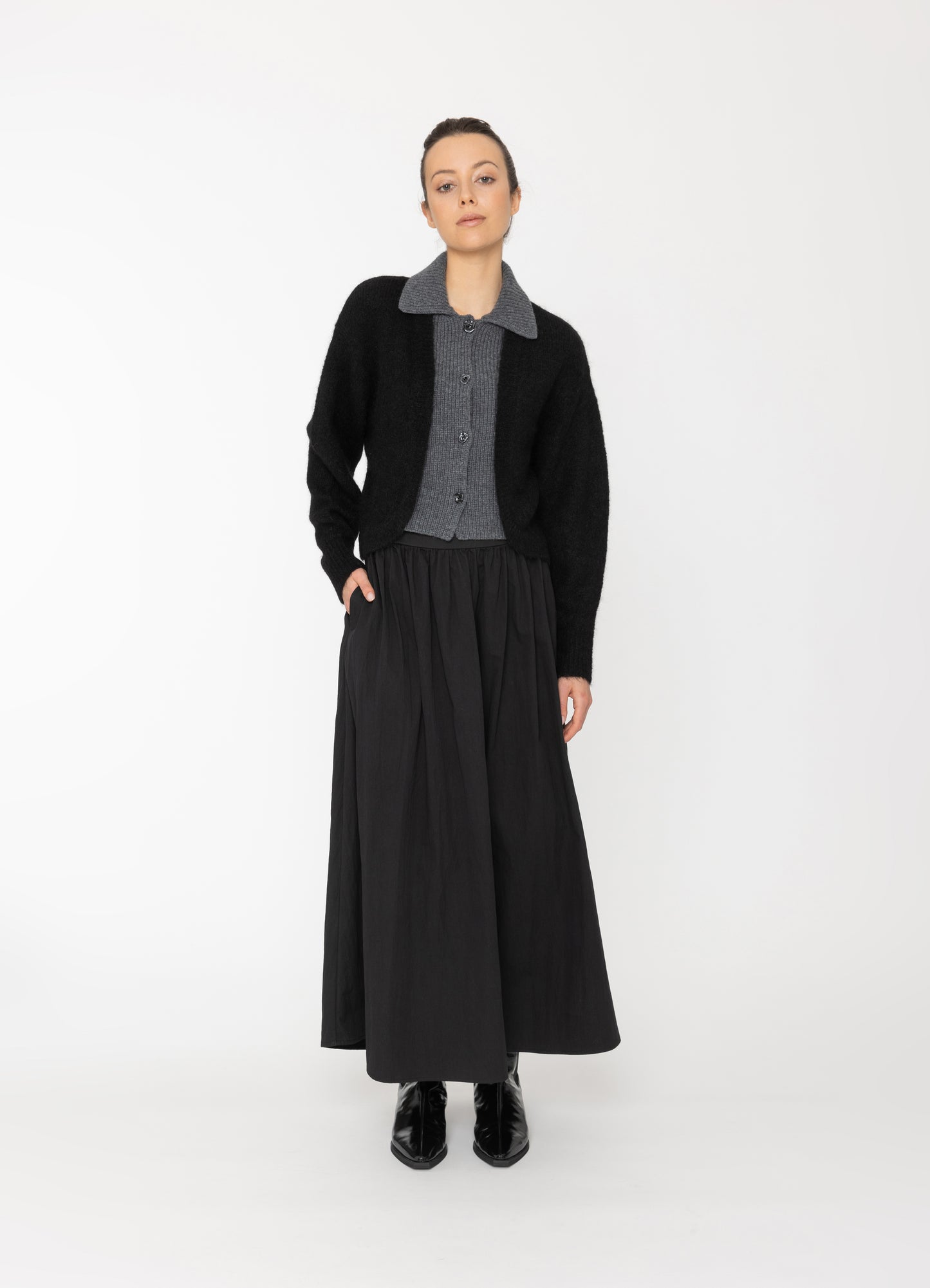 Bexi Top in Black Outer + Charcoal Inner Blacklist women's cardigan NZ