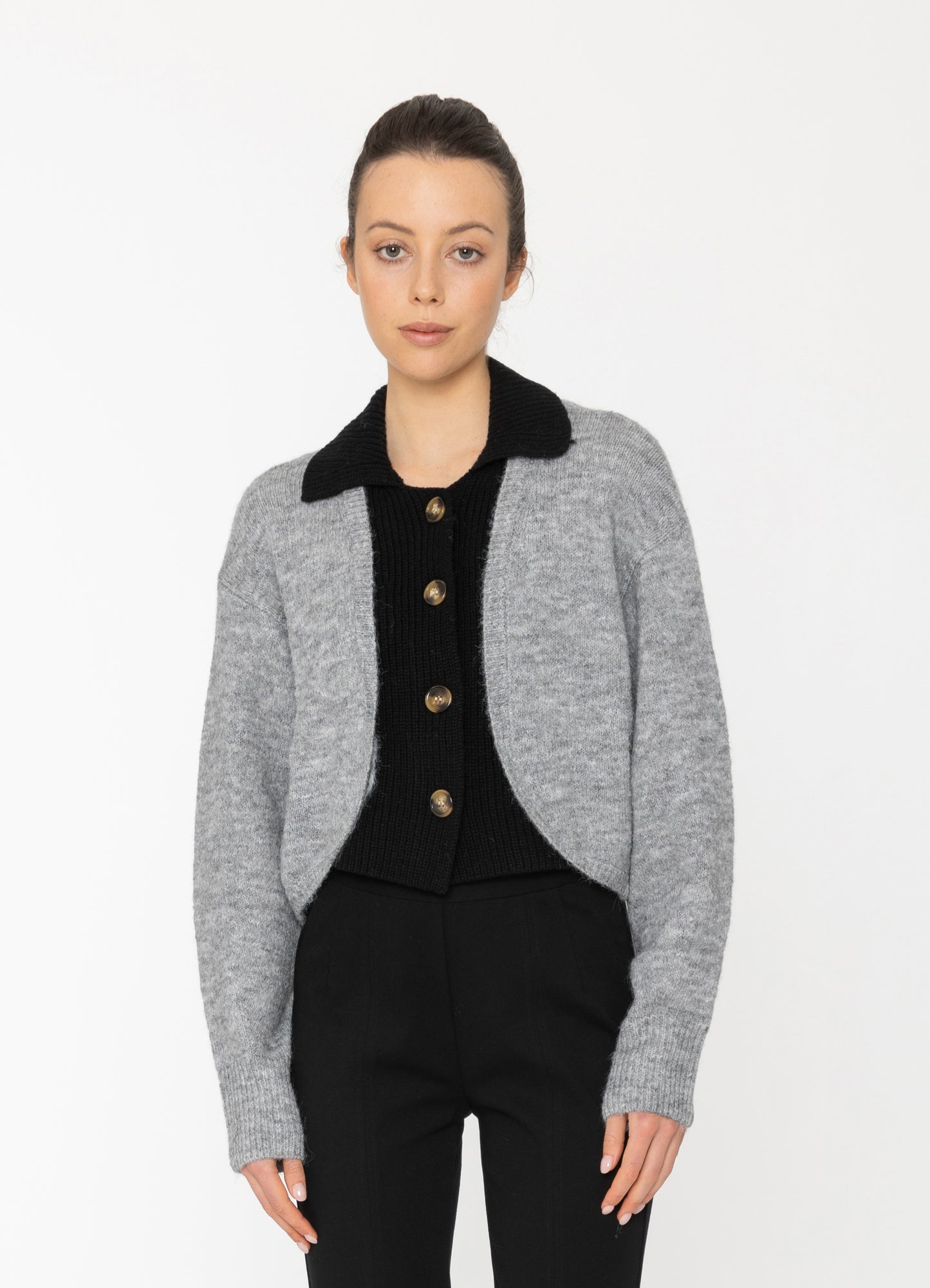 Bexi Top in Grey Outer + Black Inner Blacklist women's cardigan NZ