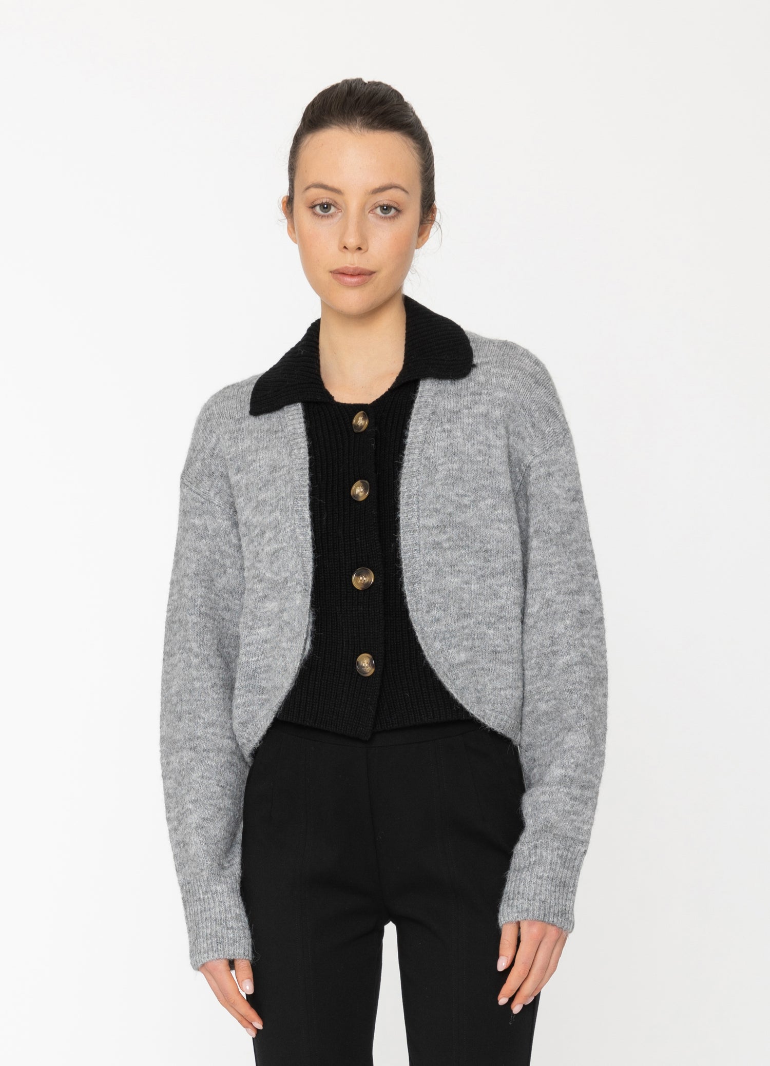 Bexi Top in Grey Outer + Black Inner Blacklist women's cardigan NZ