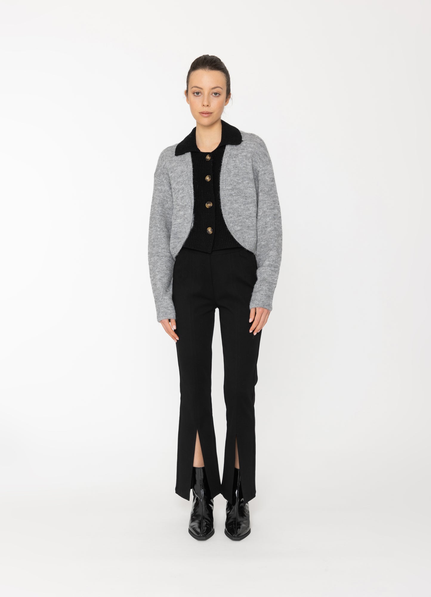 Bexi Top in Grey Outer + Black Inner Blacklist women's cardigan NZ